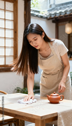 Free Download An Asian woman in an apron cleans a wooden table in a traditional teahouse courtyard. Preparing for service and tea ceremony. Hospitality and small business concept - GFXLoad