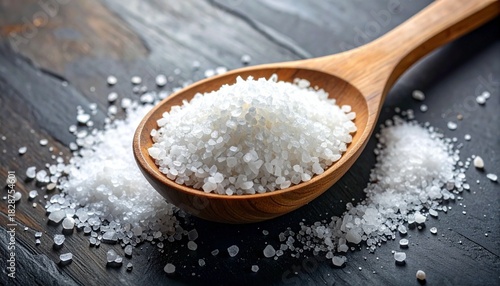 Sea salt rests in wooden scoop—ritual of elemental flavor and rustic clarity, where crystalline granules and dark texture choreograph the emotional architecture of preservation, simplicity, and culina