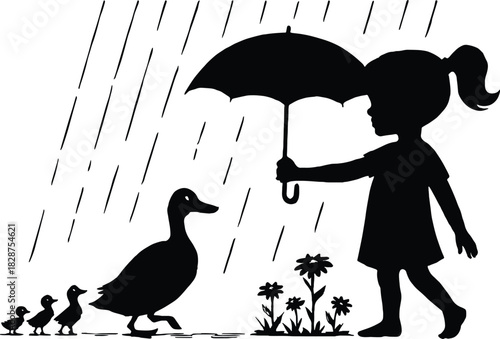 Girl Sheltering Ducks with Umbrella Silhouette Illustration