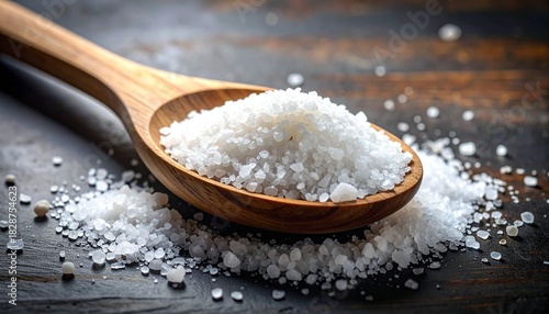 Sea salt rests in wooden scoop—ritual of elemental flavor and rustic clarity, where crystalline granules and dark texture choreograph the emotional architecture of preservation, simplicity, and culina