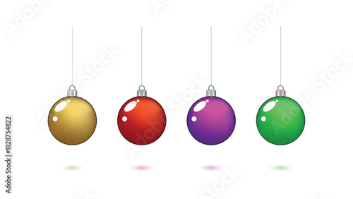 Set of Colorful Hanging Christmas Ornaments in Gold, Red, Purple, and Green – Glossy Holiday Baubles with Shiny Highlights for Festive Decorations, Winter Celebrations, and Seasonal Designs