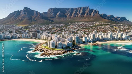 Stunning aerial view of a vibrant coastal city with majestic mountains overlooking pristine beaches and clear turquoise waters. 4k high quality footage