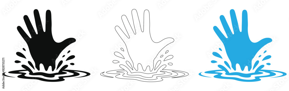 Obraz premium Hands reaching from water, drowning concept, help is needed,Hand with water drop. Save water icon. Isolated vector illustration