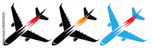 Modern airplane soaring quickly through the sky with jet flames,Airplane Travel Logo Icon Set. Modern Flight, Pin,Route Symbols,Airplane aviation flat icon for apps, logo and website.