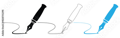 Elegant fountain pens writing flowing lines for creative designs,Pen icon, vector set. Feather pen silhouette, symbol design. Pen line icon, education icon. Vector illustration.	