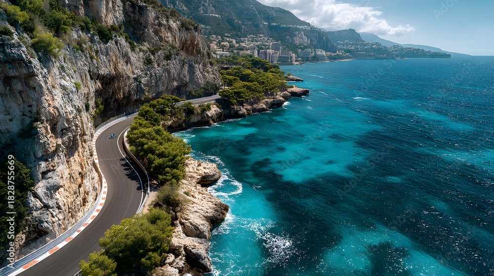 Fototapeta premium Winding coastal race track runs along stunning turquoise ocean under a clear blue sky.