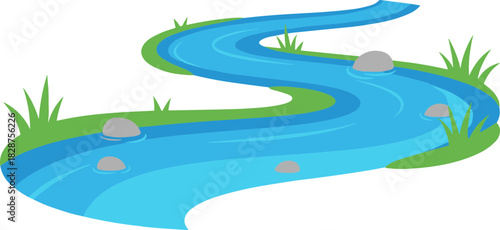 Flat Design Curvy Blue River with Rock and Grass Illustration