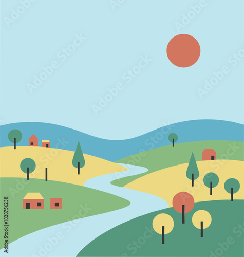 Minimalist Geometric Landscape With River, Hills, Trees, and Houses Illustration