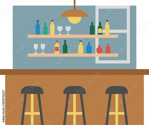 Simple Flat Design Bar Interior with Bottles and Stools Illustration