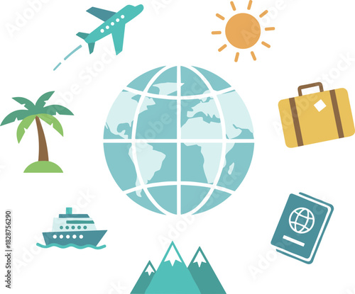 Flat Design World Travel Element with Airplane, Cruise Ship, Palm Tree and Luggage