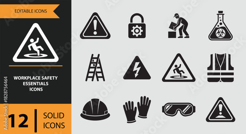 Twelve workplace safety essentials icons solid set isolated on white background