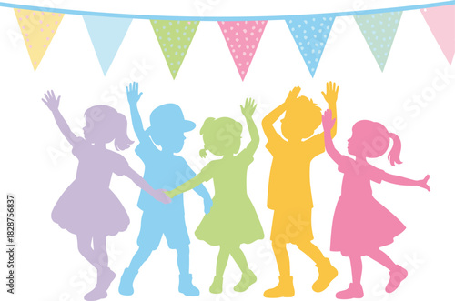 Colorful silhouettes of children dancing under festive pennant flags, perfect for party themes, celebration, childhood joy, and playful vector illustrations
