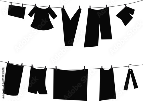 Black silhouette clothes hanging on clotheslines with clothespins, perfect for laundry, domestic scenes, household chores, and minimalist vector illustrations