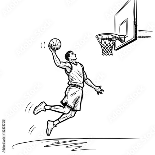 Basketball player performing a layup towards the hoop in a game  
