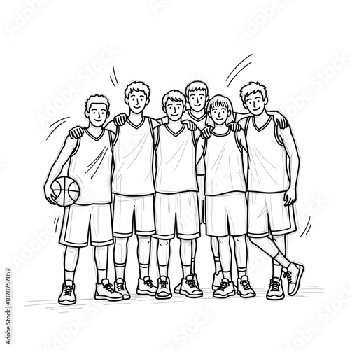 Basketball team photo celebrating together with ball and smiles  