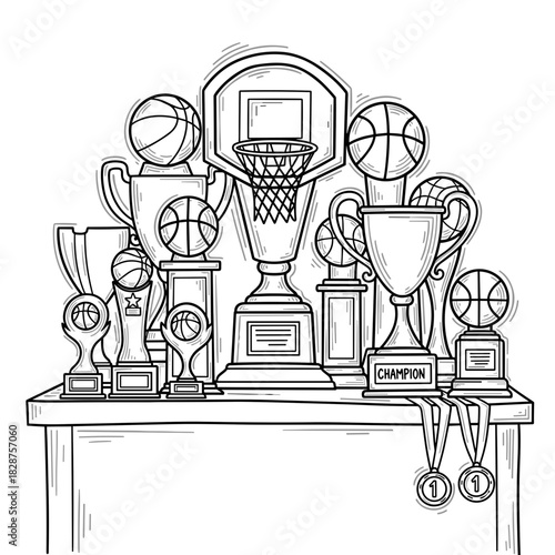 Basketball trophies and awards displayed on a table in line art  