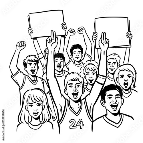 Group of young basketball fans cheering with signs for The NBA Cup  