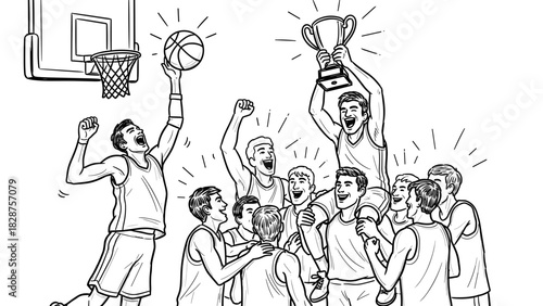 Basketball team celebrating The NBA Cup in black and white illustration  