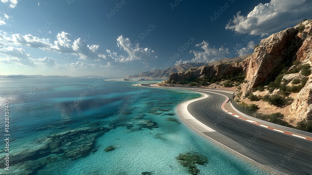 Naklejka premium Winding coastal race track runs along stunning turquoise ocean under a clear blue sky.