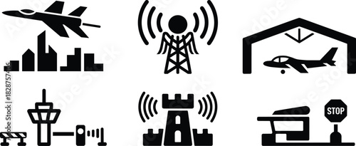 Black silhouette icons of aviation infrastructure and airport security, ideal for air traffic control, radar systems, and travel vector illustration themes