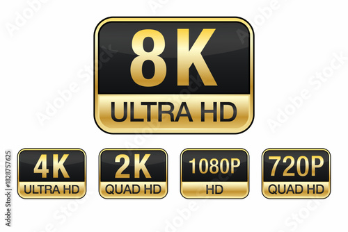 Black & Gold Tech Labels Showcasing 8K to 720p – Elegant Resolution Icons for UI, Media & Branding
