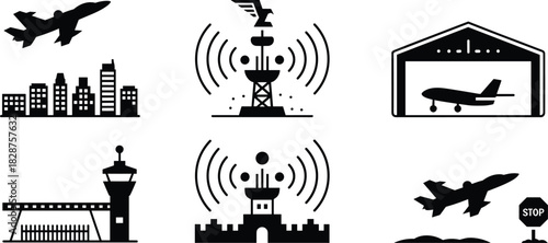 Black and white aviation icons, representing airport infrastructure, air traffic control, aircraft operations, perfect for aviation, travel, and transportation vector themes