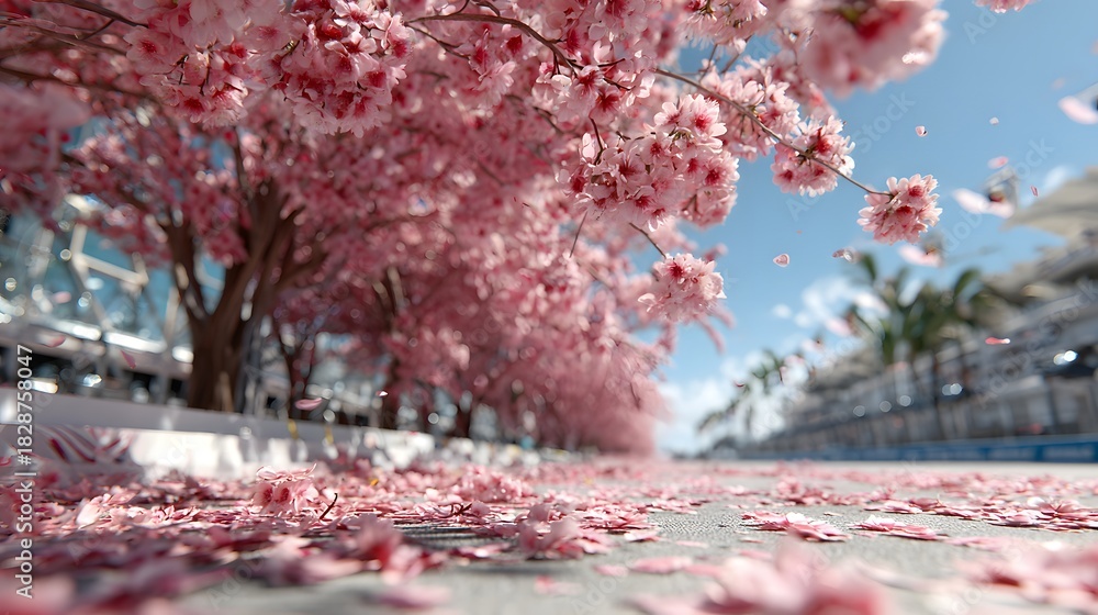 Obraz premium A race track winding through blooming pink cherry blossom trees on a sunny day.