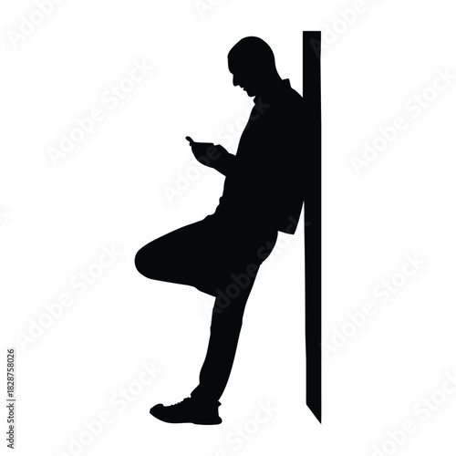 Man Leaning on Wall and Using Smartphone Silhouette Vector Illustration