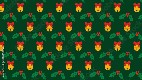 Golden Jingle Bells and Holly Leaves – Seamless Christmas Pattern on Dark Green Background for Holiday Wrapping and Seasonal Decor