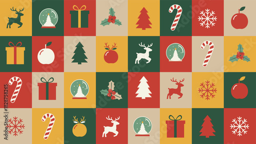 Festive Christmas Icon Pattern – Seamless Holiday Tile Design with Reindeer, Gifts, Snowflakes, and Candy Canes in Red, Green, Beige, and Yellow