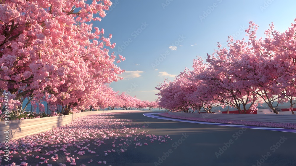 Obraz premium A race track winding through blooming pink cherry blossom trees on a sunny day.