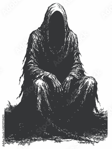 Dark silhouette illustration of a mysterious hooded figure