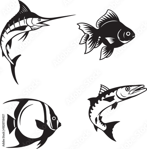 set of silhouettes of fishes