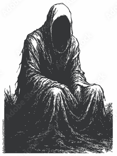Dark silhouette illustration of a mysterious hooded figure