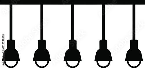 Five hanging pendant lights in a row with simple modern design silhouette