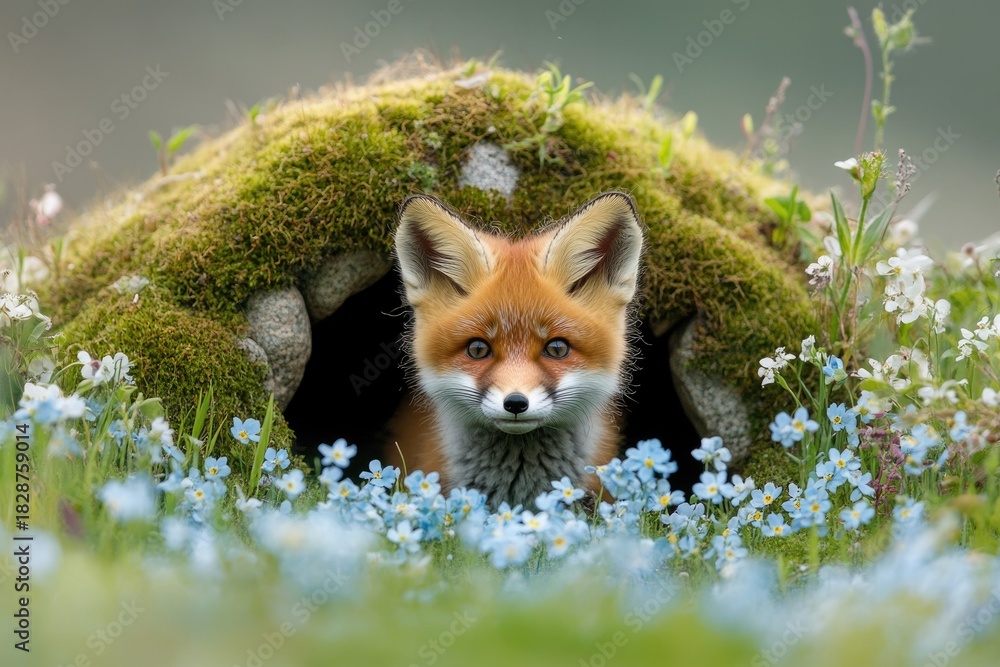 Fototapeta premium Cute baby red fox peeking from mossy den surrounded by