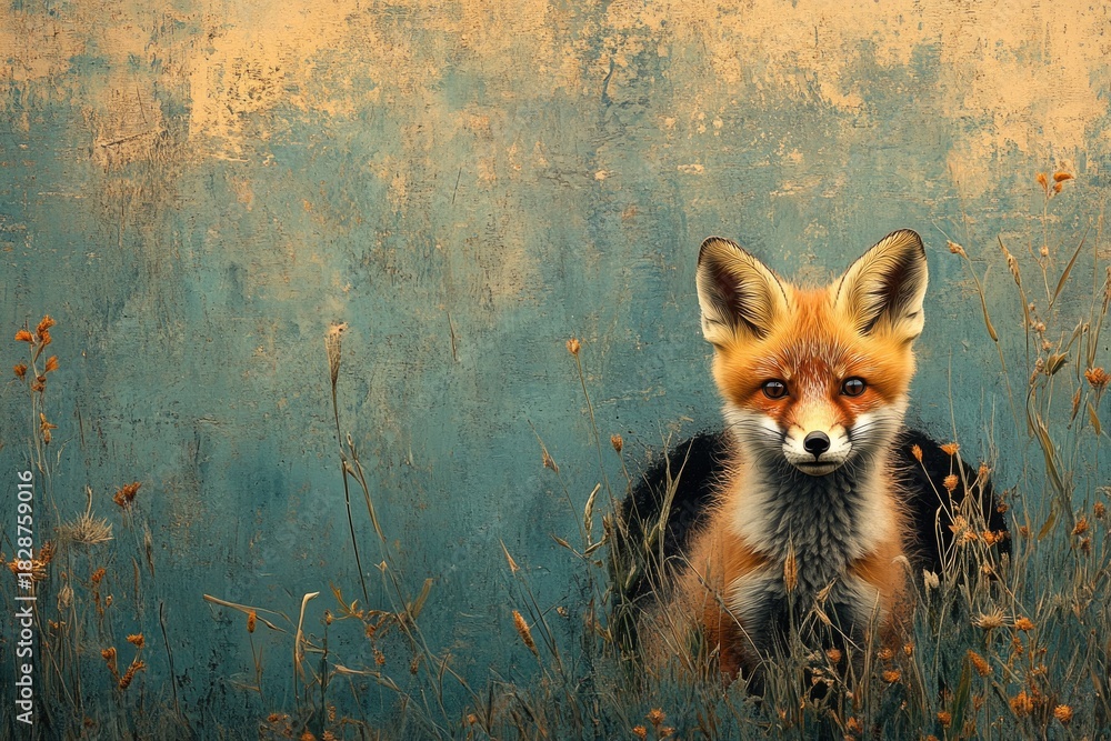 Naklejka premium Artistic Illustration of a Cute Red Fox in a Meadow wit