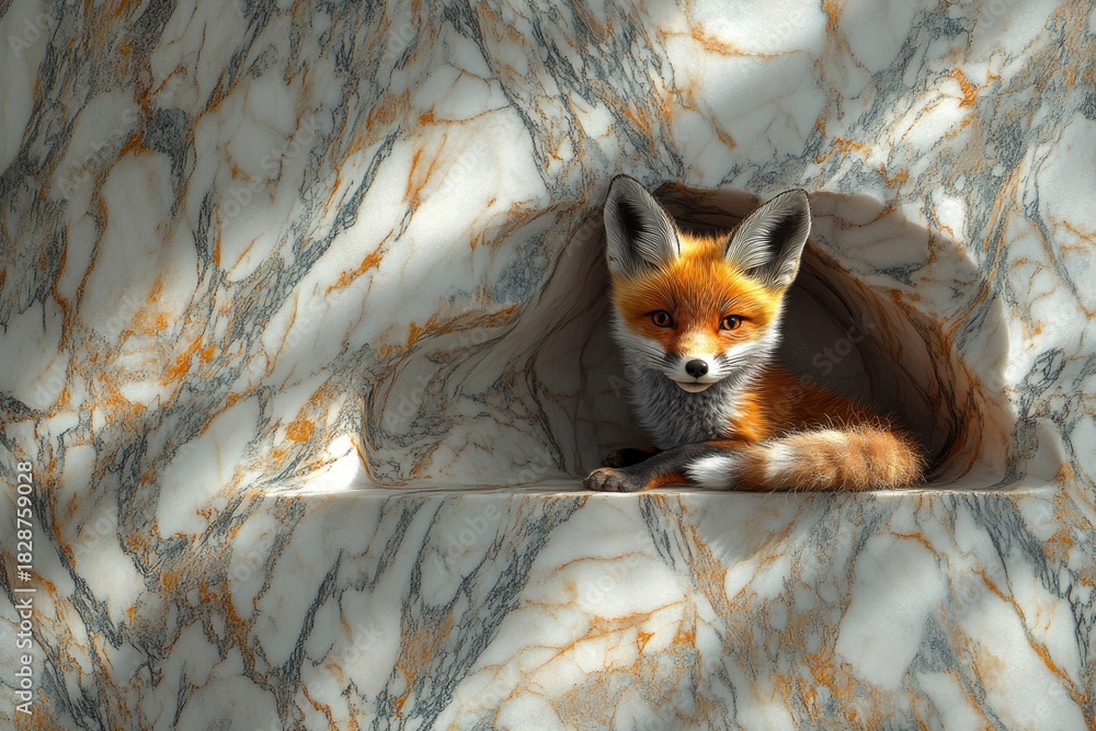 Naklejka premium Cute Red Fox Resting in Gold and White Marble Niche
