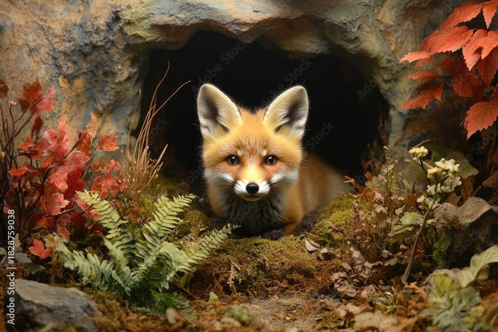 Naklejka premium Cute Red Fox Cub Resting in a Mossy Rock Den During Aut