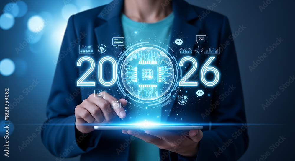 Fototapeta premium Business person pointing at 2026 year hologram from tablet, concept about future technology transformation, digital innovation, artificial intelligence, big data and business strategy