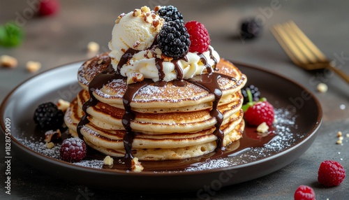 Decadent luxury pancakes with ice cream and berries toping
