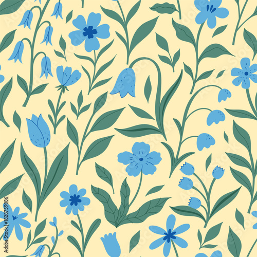 Seamless pattern with blue flowers of various shapes. Vector graphics.