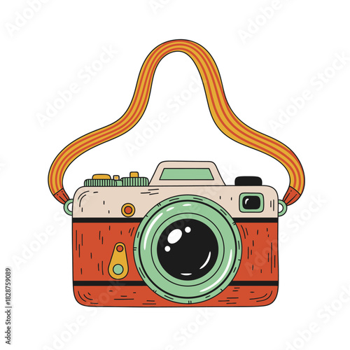 Cute Cartoon Vintage Camera with Striped Strap - Retro Photography Icon