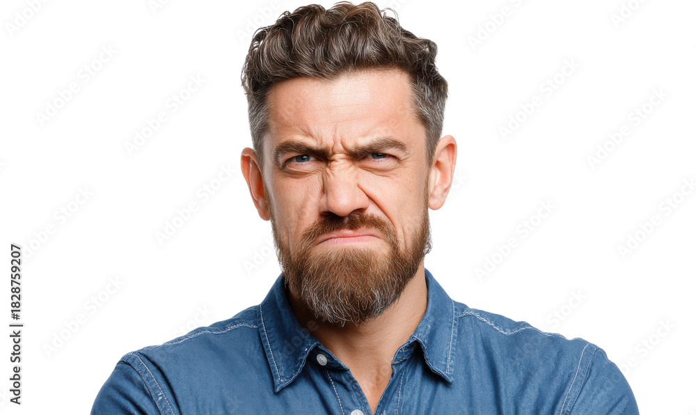 Obraz premium Frustration Portrait: A close-up shot of a man expressing deep frustration and displeasure with a furrowed brow and tightened lips. His body language conveys a sense of intense emotion.