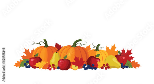 Beautiful autumn harvest arrangement showcasing traditional fall produce like pumpkins, apples, pears, and berries amidst colorful foliage.