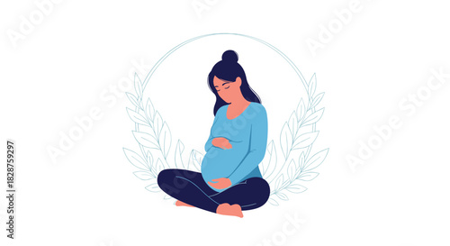 A serene pregnant woman sits peacefully, gently cradling her baby bump, surrounded by a delicate wreath of leaves, symbolizing calm and new life.