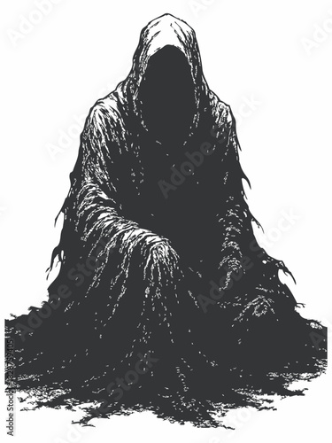 Dark silhouette illustration of a mysterious hooded figure
