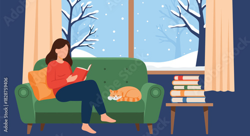 A woman reads a book on a cozy green sofa, with her ginger cat sleeping beside her, as snow falls gently outside the window.