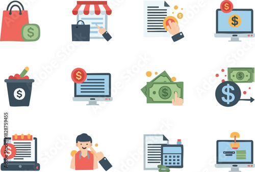 Flat Vector Illustrations of Finance and Online Shopping Elements