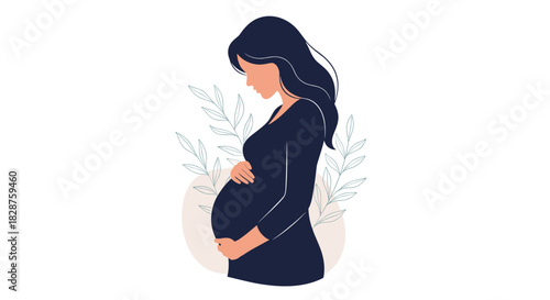 Stylized illustration of a pregnant woman in profile, hands gently placed on her abdomen, signifying the joy and anticipation of motherhood.
